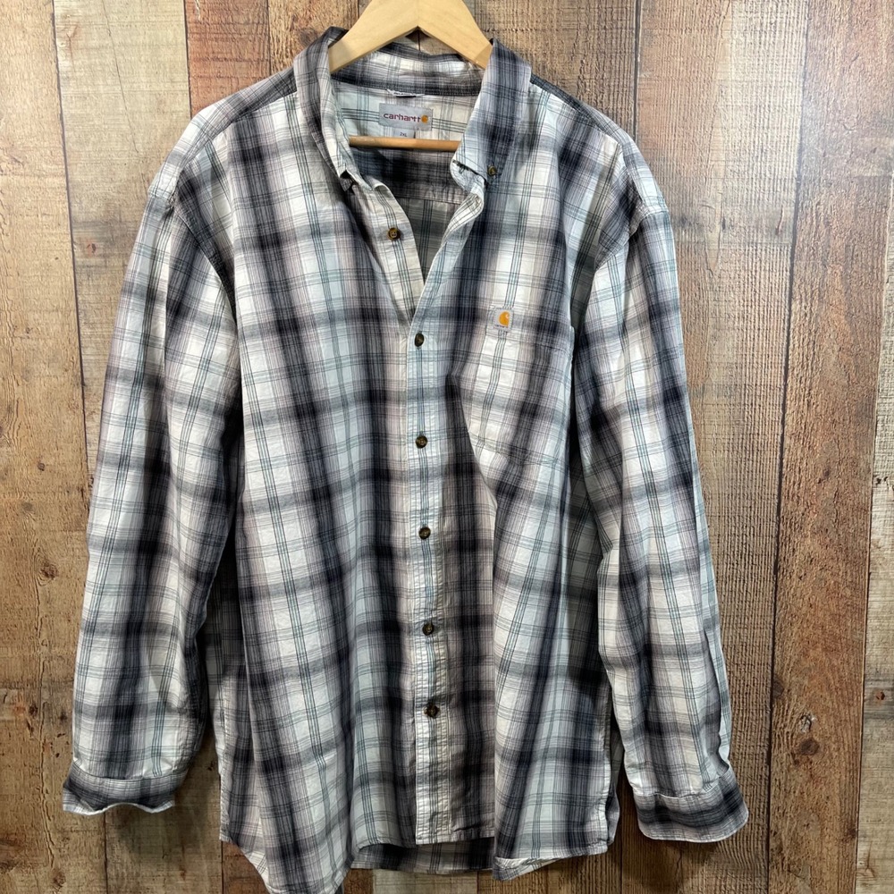 Carhartt Relaxed Fit 2XL Plaid Button Down Shirt Black Grey Green Woven Workwear